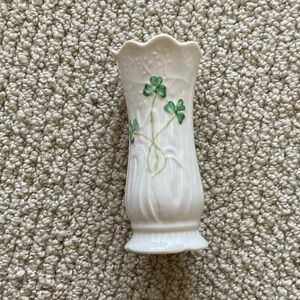 Belleek Ireland 4.5” Vase Decor Shamrock Pottery Vintage Cream Green Like New